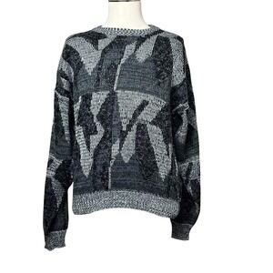 Abstract Jacquard Sweater Mens XL Black Gray Geometric Acrylic/Rayon Crewneck